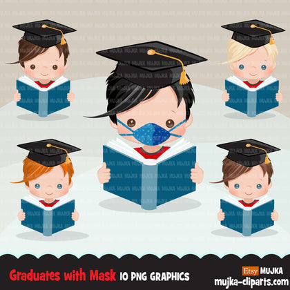 Graduation Clipart, graduate boys with book and mask, school, student class of 2020 covid quarantine graduation graphics, PNG clip art