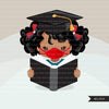 Graduation Clipart, graduate black girls with book and mask, school, student class of 2020 covid quarantine graduation graphic, PNG clip art