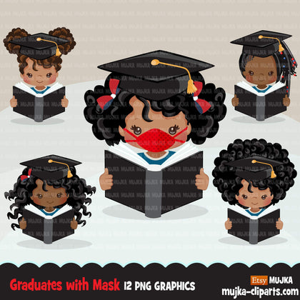 Graduation Clipart, graduate black girls with book and mask, school, student class of 2020 covid quarantine graduation graphic, PNG clip art