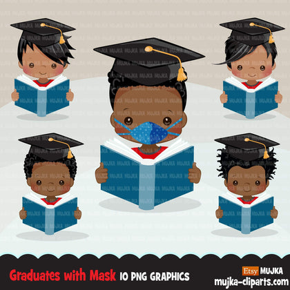 Graduation Clipart, graduate black boys with book and mask, school, student class of 2020 covid quarantine graduation graphics, PNG clip art