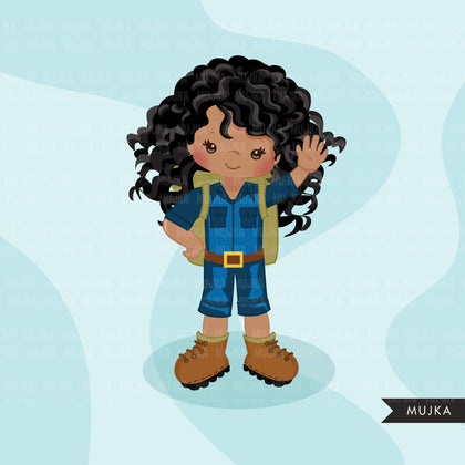 Safari Black girls Clipart, Girl scouts, camping graphics, outdoors, school graphics, Png digital clip art