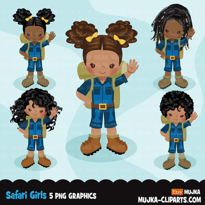 Safari Black girls Clipart, Girl scouts, camping graphics, outdoors, school graphics, Png digital clip art