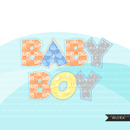 Baby Boy Alphabet Clipart, dotted lines, stackable, boy birthday, baby shower letters and numbers, PNG graphics