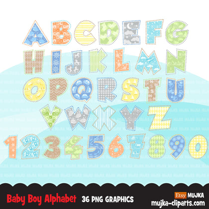 Baby Boy Alphabet Clipart, dotted lines, stackable, boy birthday, baby shower letters and numbers, PNG graphics