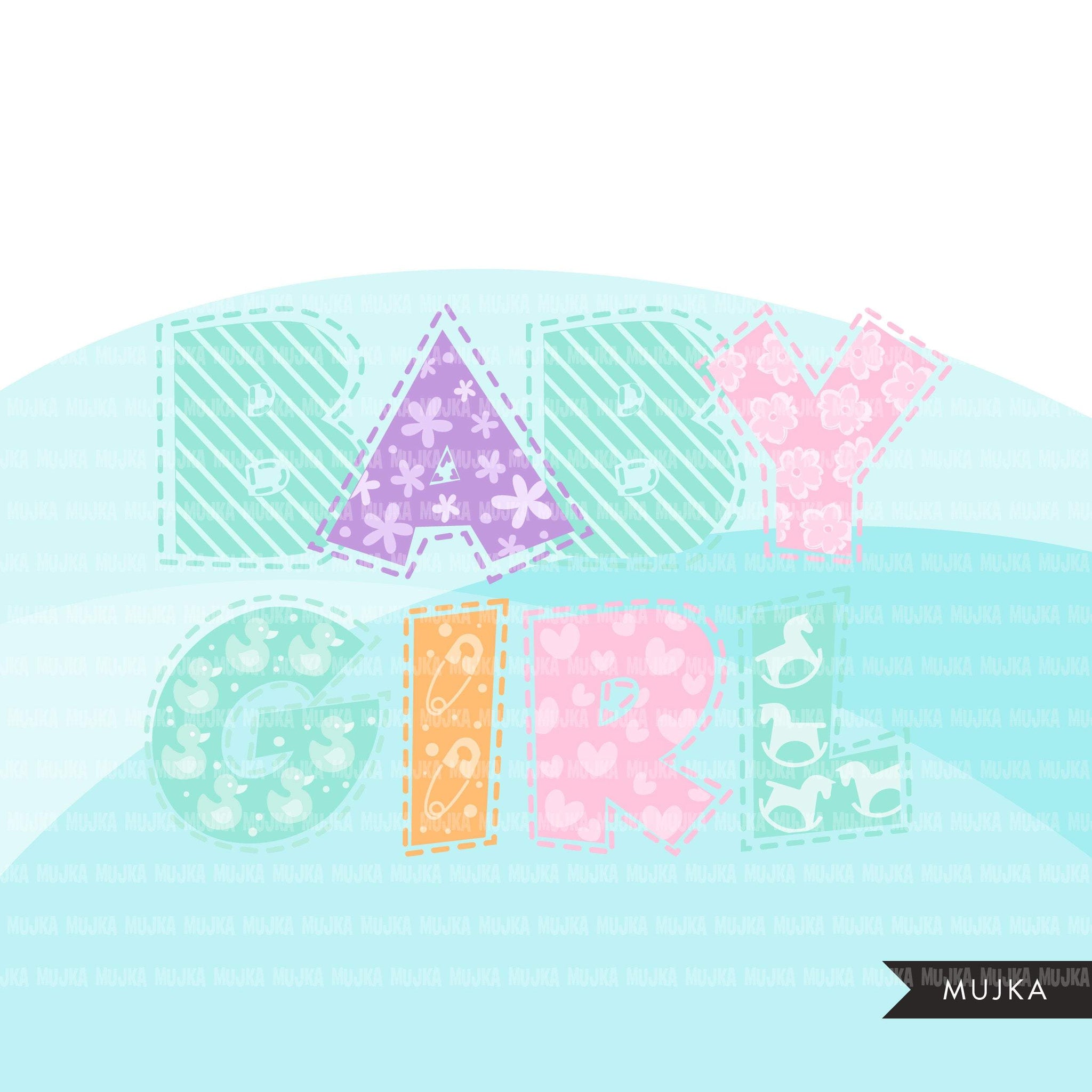 Baby Girl Alphabet Clipart, stitched lines, stackable, girl birthday, baby shower letters and numbers, PNG graphics