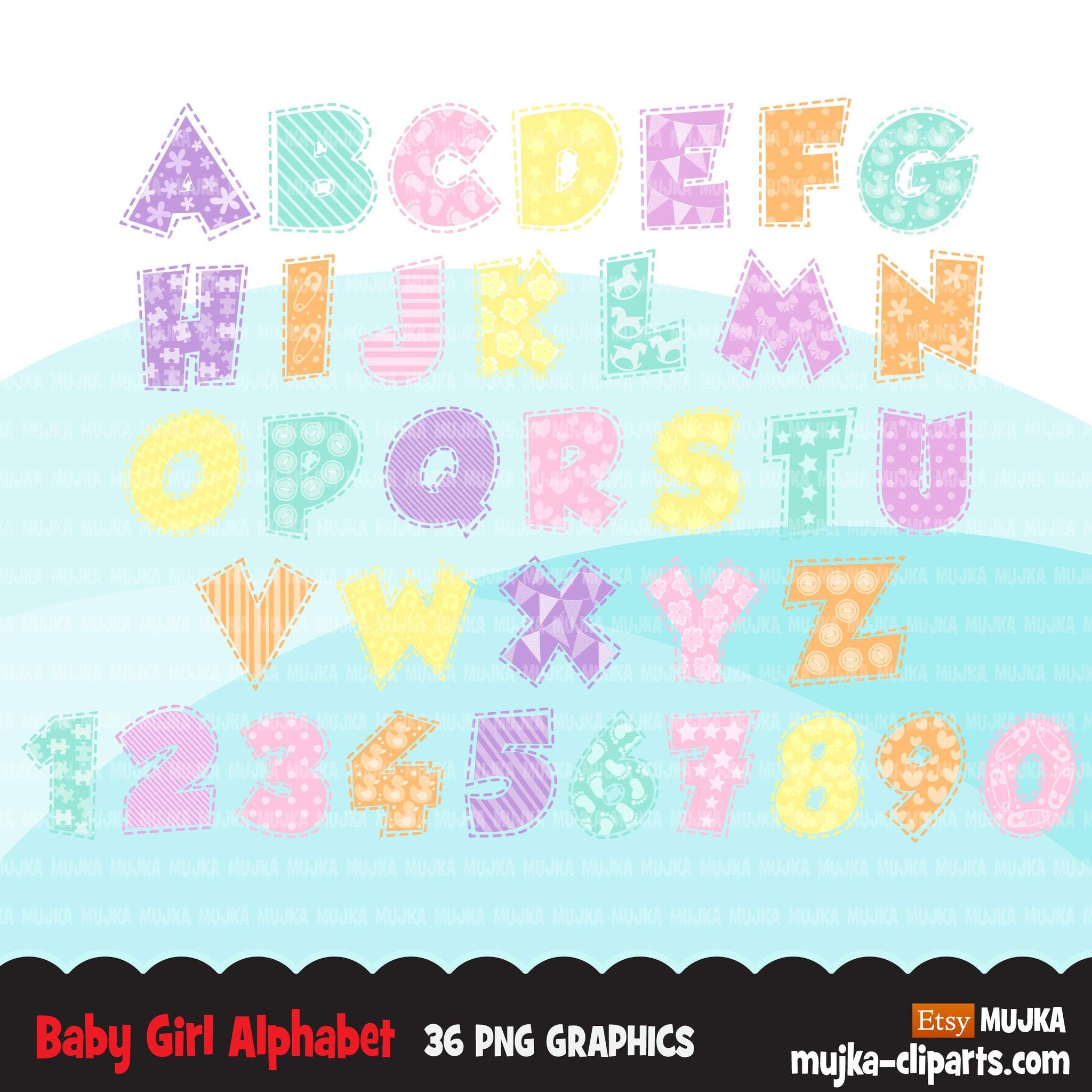 Baby Girl Alphabet Clipart, stitched lines, stackable, girl birthday, baby shower letters and numbers, PNG graphics