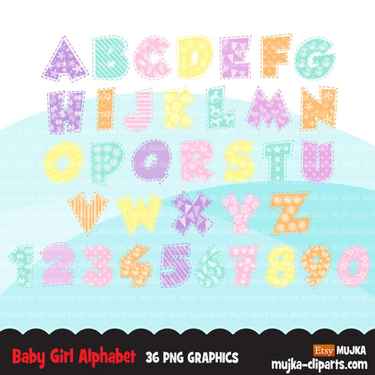 Baby Girl Alphabet Clipart, stitched lines, stackable, girl birthday, baby shower letters and numbers, PNG graphics