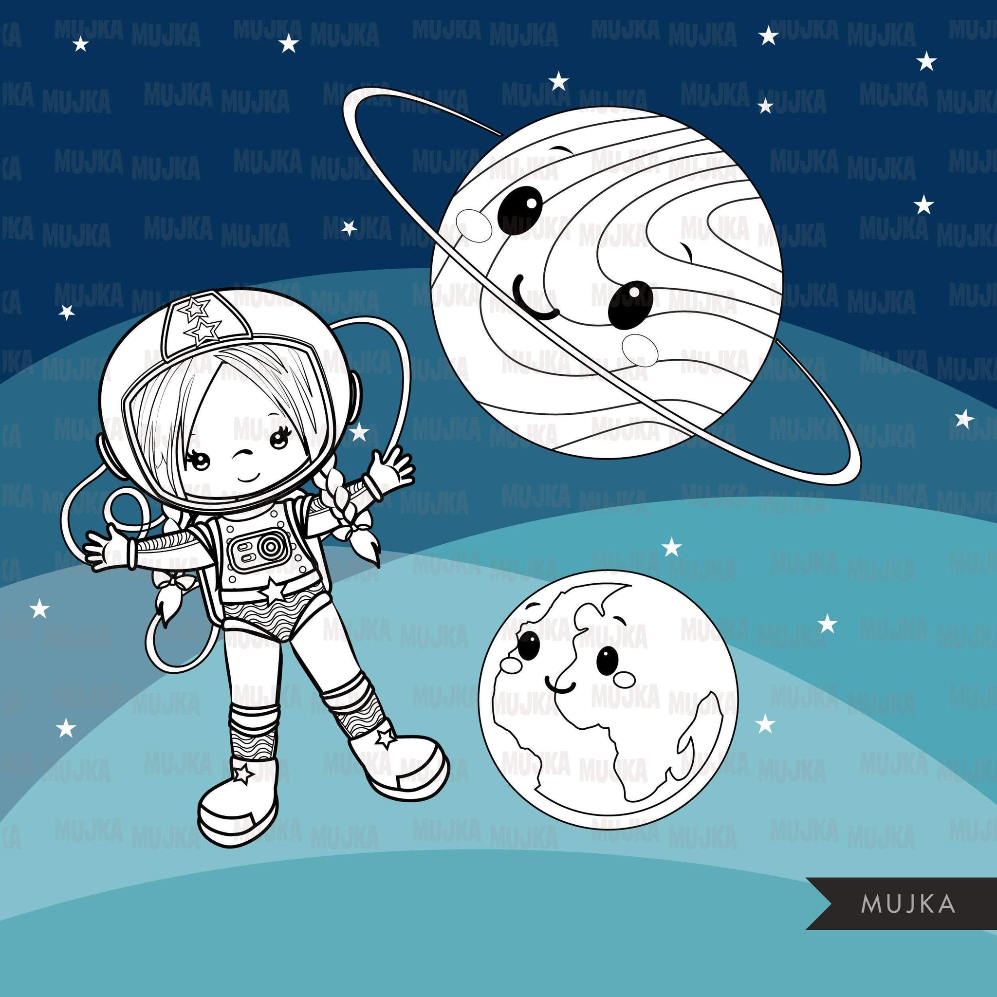 Space astronauts Digital stamps, planets, mars, jupiter, saturn, space rocket graphics, coloring book black and white outline clip art