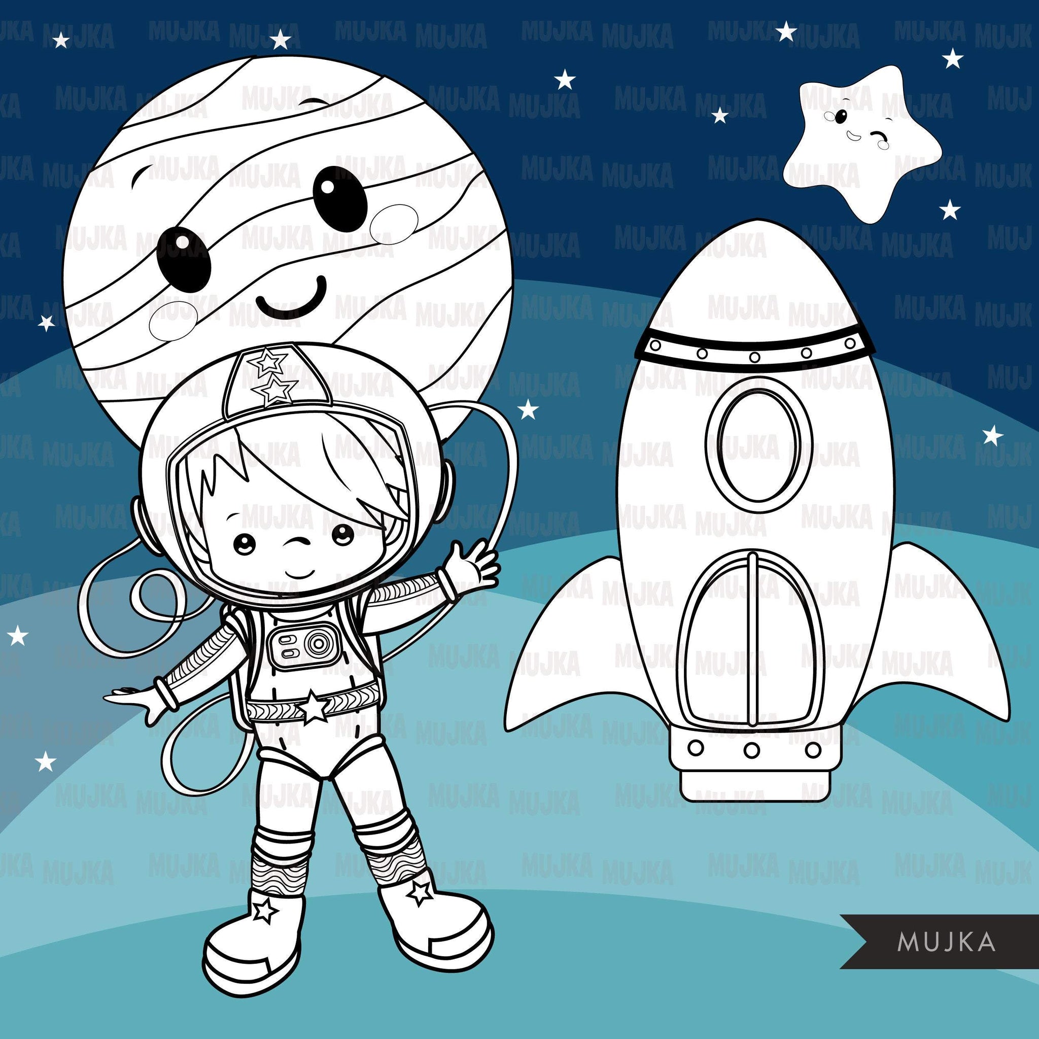 Space astronauts Digital stamps, planets, mars, jupiter, saturn, space rocket graphics, coloring book black and white outline clip art