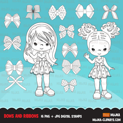 Bows and Ribbons Digital stamps, decorate hair bows, little girl  graphics, coloring book black and white outline clip art