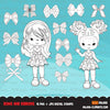 Bows and Ribbons Digital stamps, decorate hair bows, little girl  graphics, coloring book black and white outline clip art