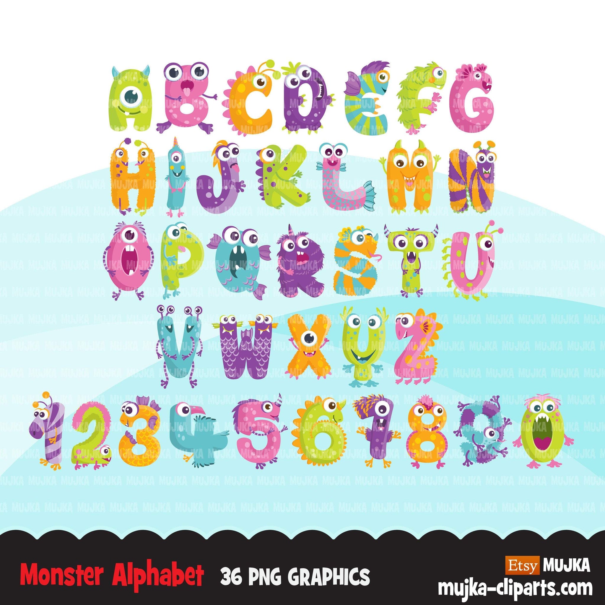 Monster Alphabet Clipart, birthday, boy girl and baby shower letters and numbers, PNG graphics