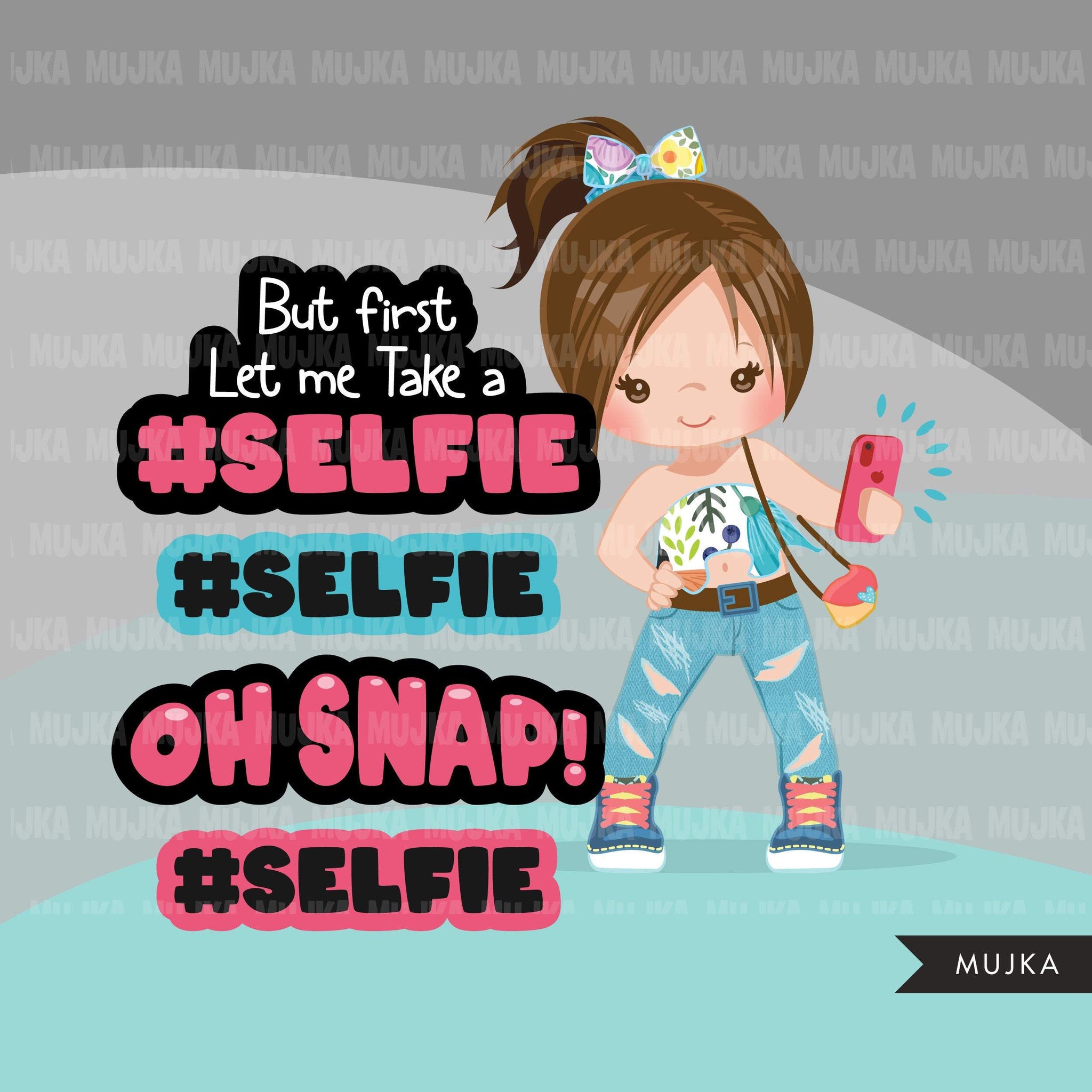 Selfie clipart, little girl taking a selfie, cellphone, oh snap, wording graphics, fashion Png digital clip art