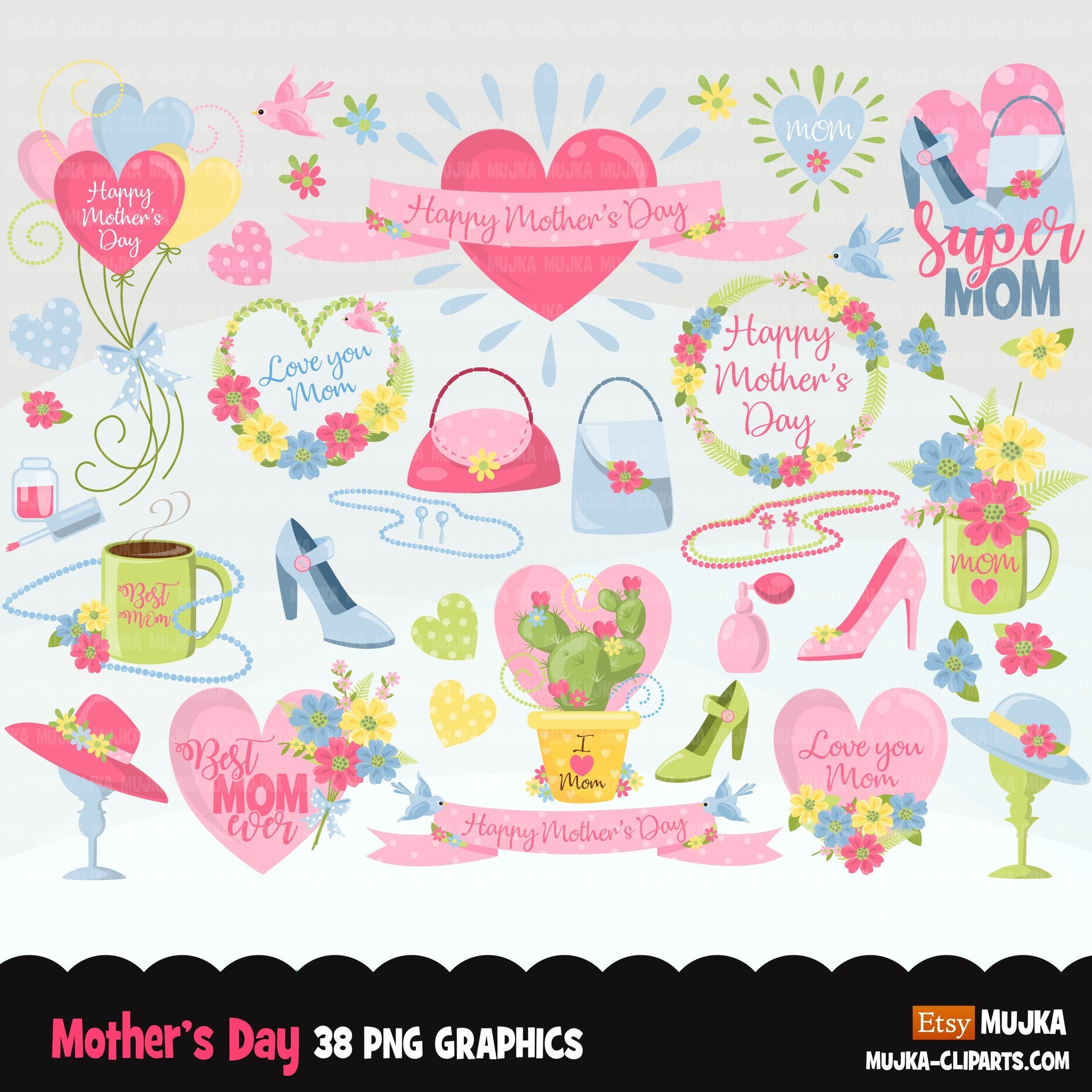 Mother's Day Clipart, floral frames, mom, mum love quotes, coffee, hearts, high heels, perfume, gift graphics, PNG clip art