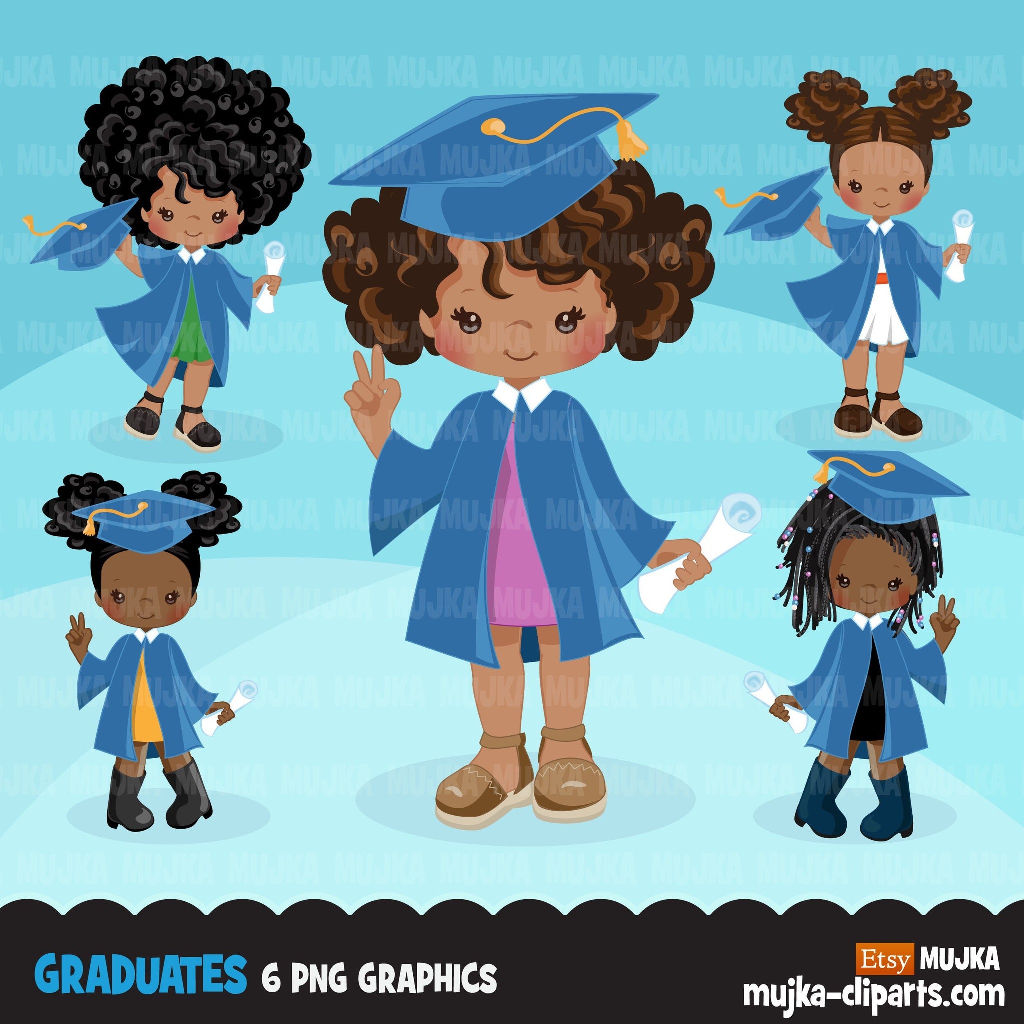 Graduation Clipart, graduate black girls with blue gown, cape and scroll, school, student class of graphics, PNG clip art