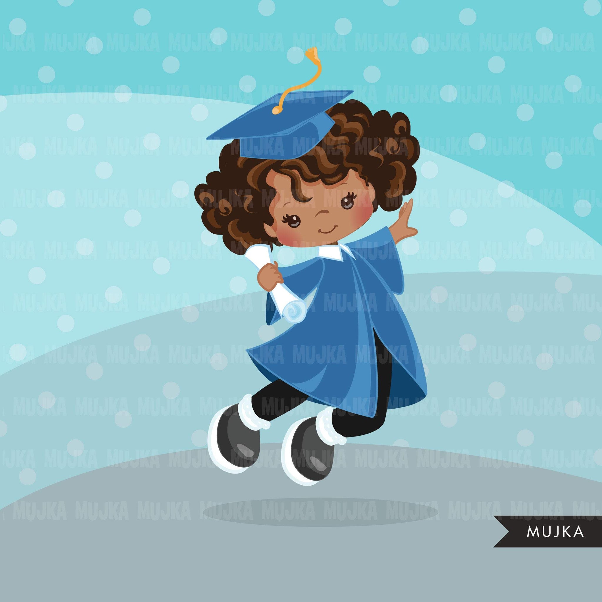 Graduation Clipart, graduate black girls with blue gown, cape and scroll jumping, school, student class of graphics, PNG clip art