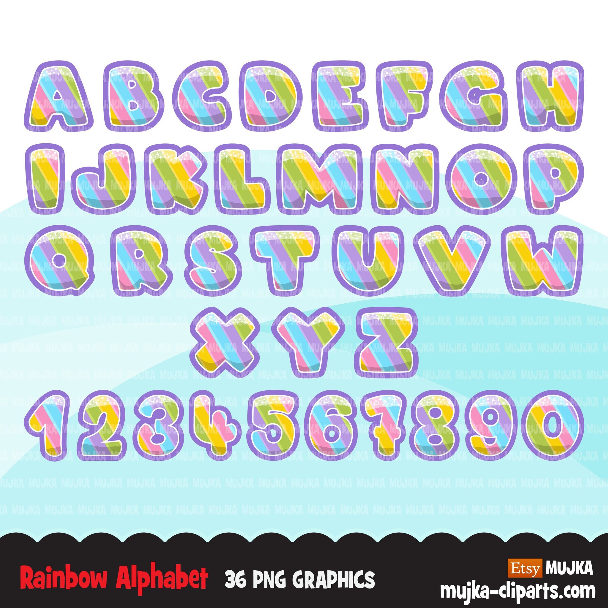 Rainbow Alphabet Clipart, stackable, boy and girl birthday, pastel colors, unicorn, spring, princess, baby shower letters, PNG graphics