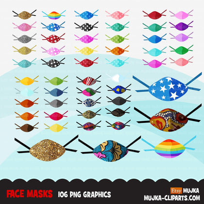 Face mask clipart, covid prevention face masks for Mujka characters, medical, hospital print and cut PNG digital graphics