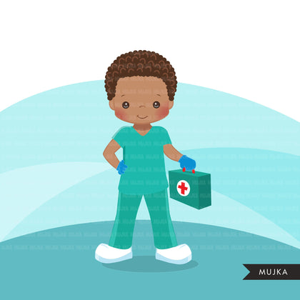 Black Male Nurse clipart with mask green scrubs, hospital graphics, print and cut PNG, covid African American Medical clip art