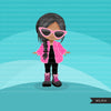 Fashion little girl clipart with fluffy crochet pink jacket, boots and sunglasses, Vacation, travel commercial use characters, digital PNG