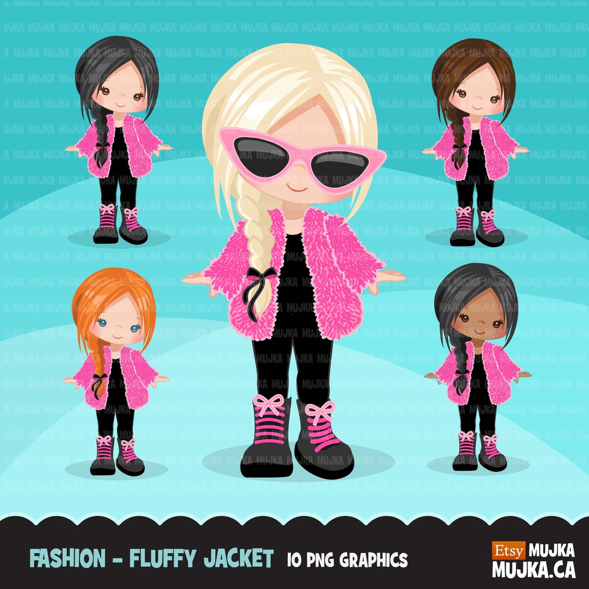 Fashion little girl clipart with fluffy crochet pink jacket, boots and sunglasses, Vacation, travel commercial use characters, digital PNG