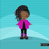 Fashion little black girl clipart with fluffy crochet pink jacket, boots and sunglasses, Vacation, travel commercial use characters, digital