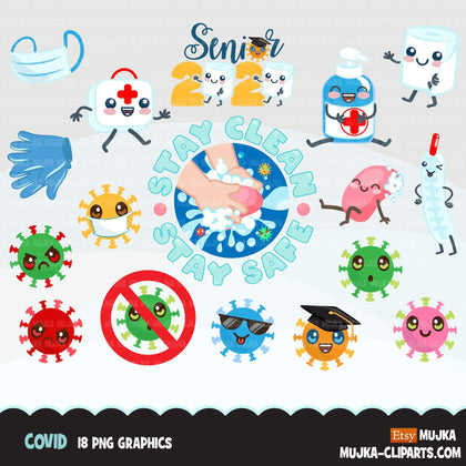 Covid virus Clipart, Corona mask, class of 2020 covid quarantine, soap, gloves, toilet paper graduation graphics, PNG clip art