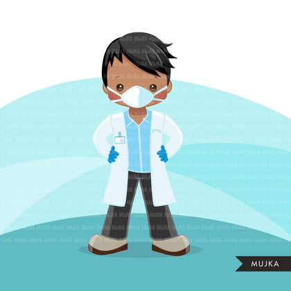 Black male Doctor clipart with mask and gloves, hospital graphics, print and cut PNG digital Designs, covid Medical boy clip art