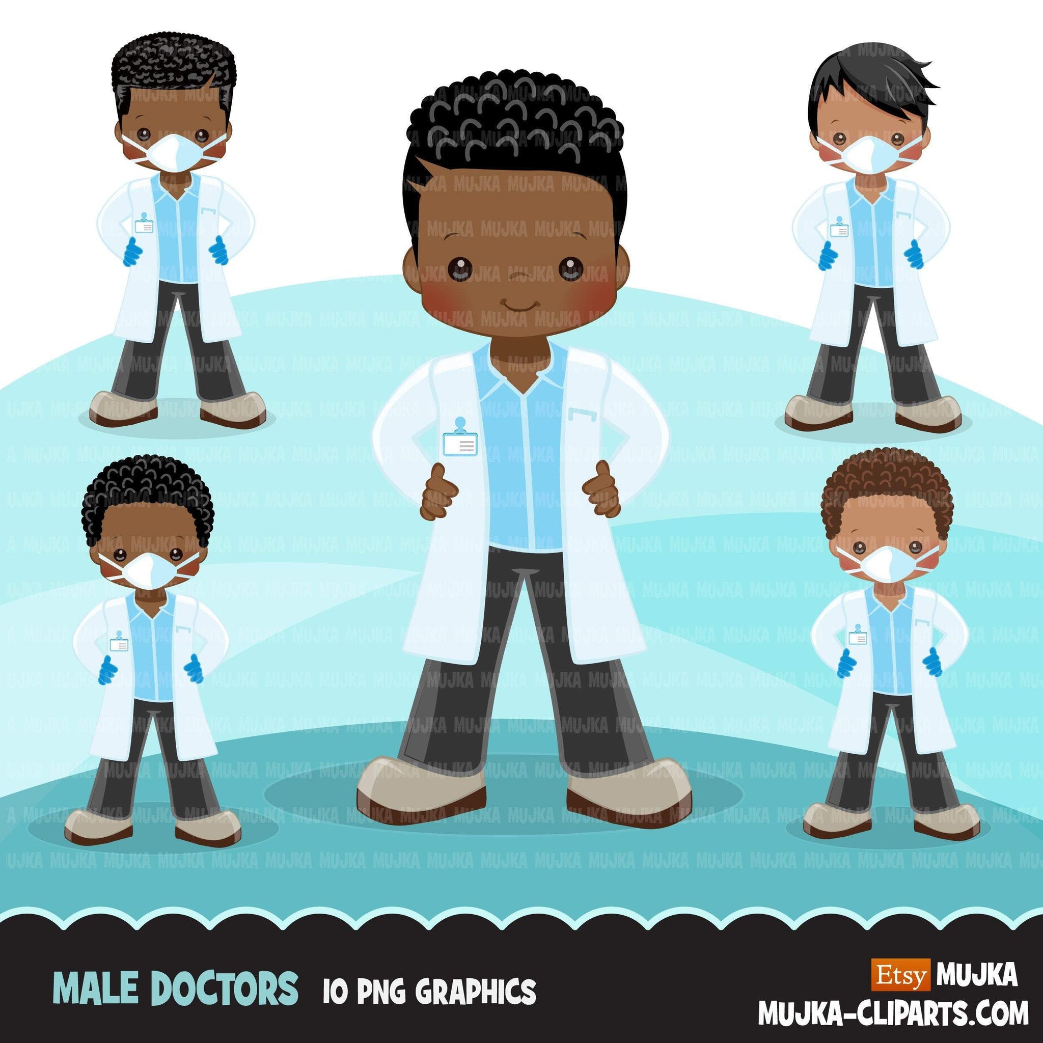 Black male Doctor clipart with mask and gloves, hospital graphics, print and cut PNG digital Designs, covid Medical boy clip art