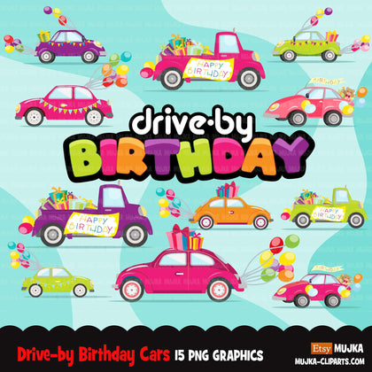 Drive-by Birthday Party parade clipart, girls quarantine birthday party, drive through party truck, car, covid graphics, PNG clip art