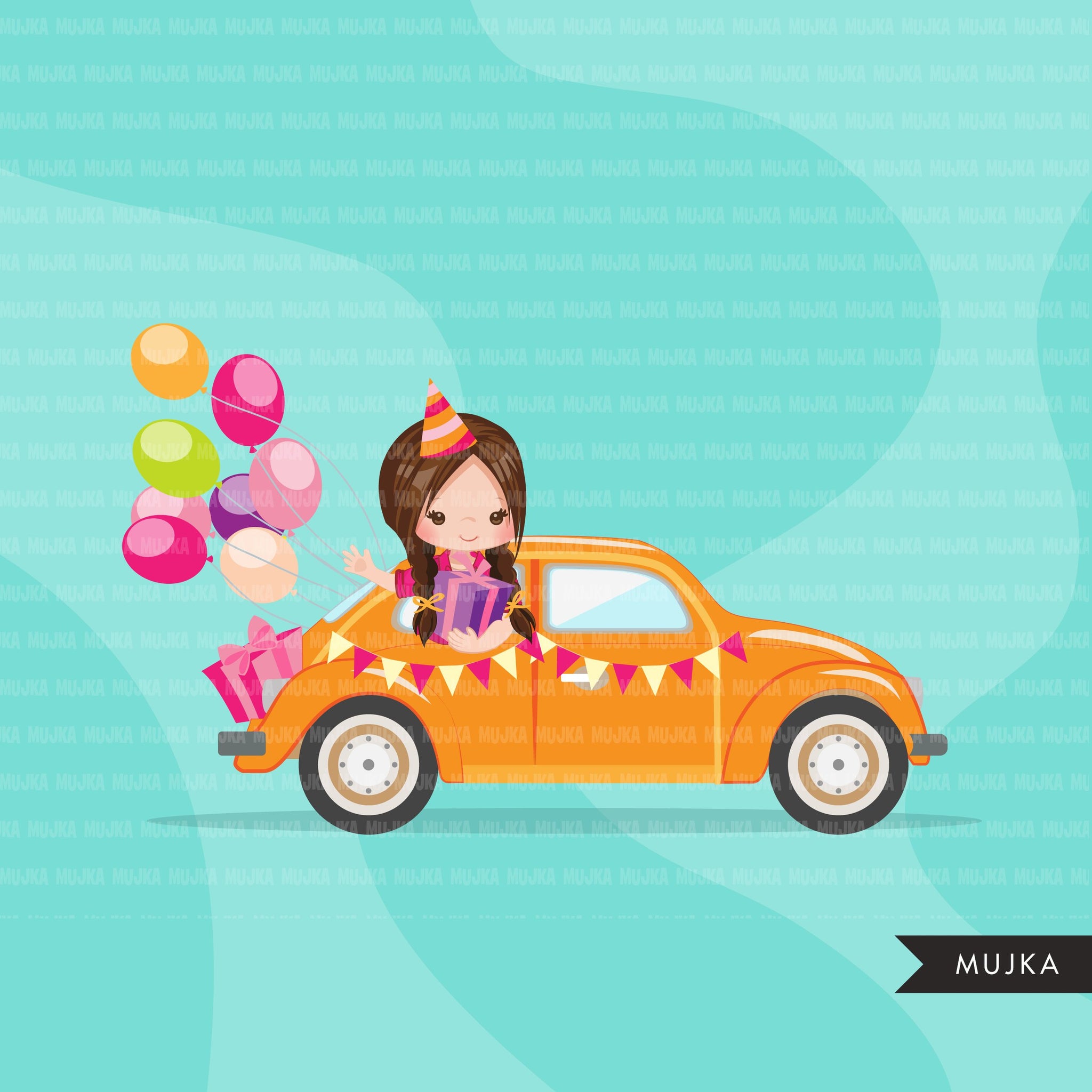 Drive-by Birthday Party parade clipart, girls quarantine birthday party, drive through party truck, car, covid graphics, PNG clip art