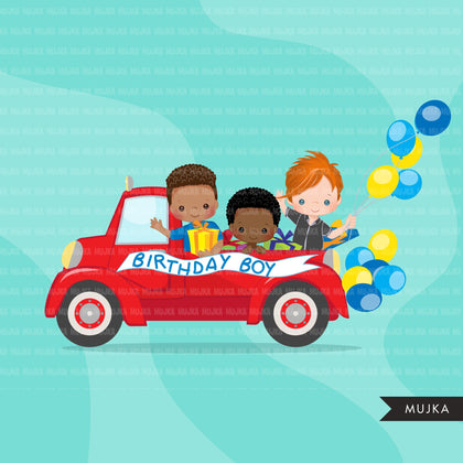 Drive-by Birthday Party parade clipart, boys quarantine birthday party, drive through party truck, car, covid graphics, PNG clip art