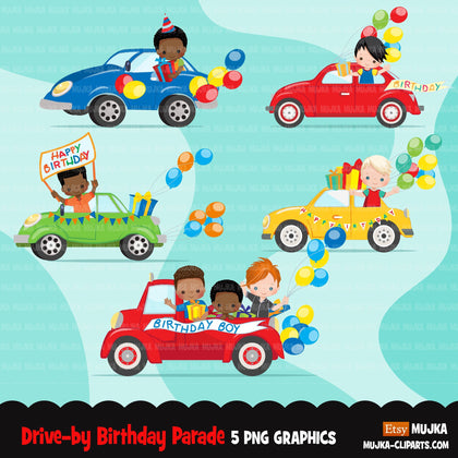 Drive-by Birthday Party parade clipart, boys quarantine birthday party, drive through party truck, car, covid graphics, PNG clip art