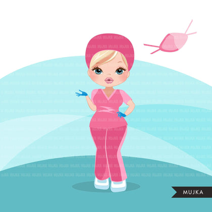 Nurse clipart with mask pink scrubs, hospital graphics, print and cut PNG digital Designs, Medical clip art
