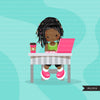 Distant Learning Clipart, Black Girls with pink laptop, homeschooling, student homework, shop logo graphics, Png clip art