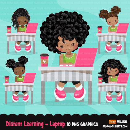 Distant Learning Clipart, Black Girls with pink laptop, homeschooling, student homework, shop logo graphics, Png clip art