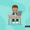 Distant Learning Clipart, Black Boys with laptop, homeschooling, student homework, shop logo graphics, Png clip art