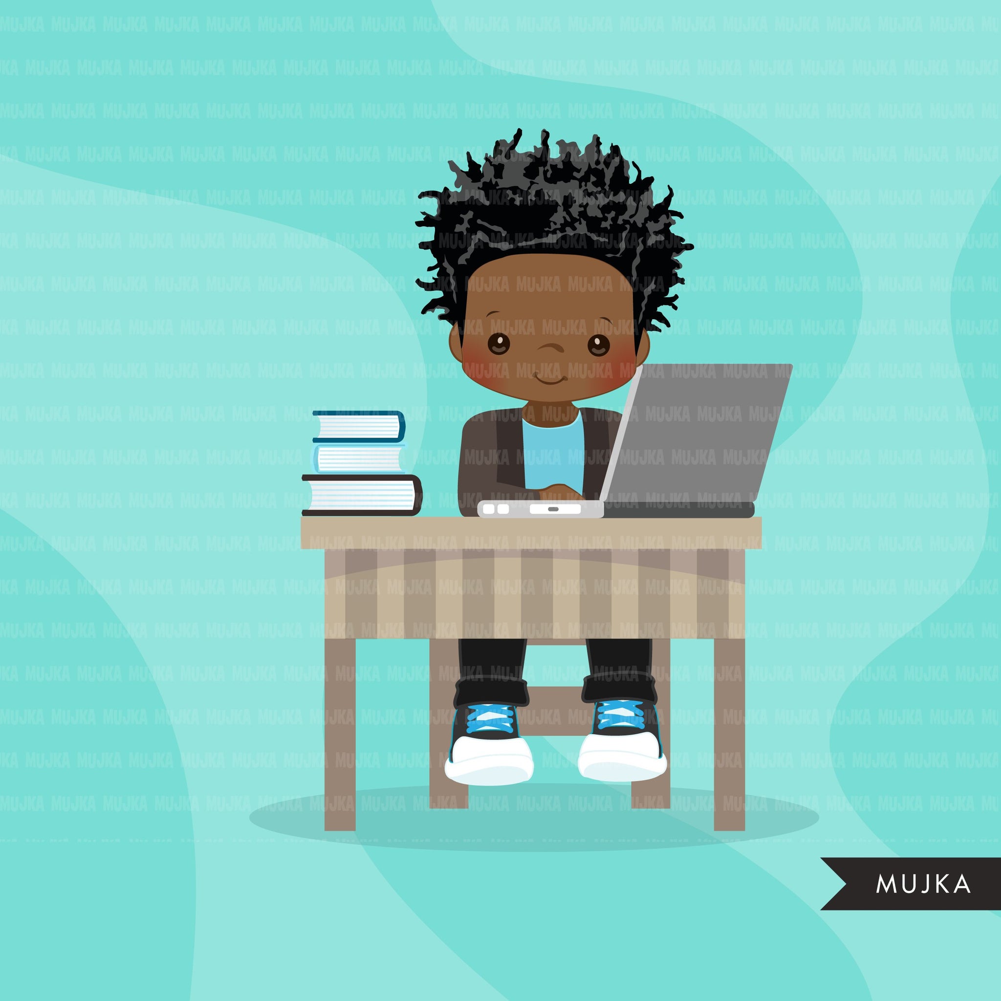 Distant Learning Clipart, Black Boys with laptop, homeschooling, student homework, shop logo graphics, Png clip art
