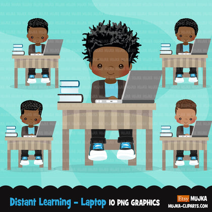 Distant Learning Clipart, Black Boys with laptop, homeschooling, student homework, shop logo graphics, Png clip art
