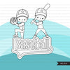 Baseball Digital Stamps, Baseball boy players, Sports Graphics, B&W clip art outline, home run, all star, cap and bat