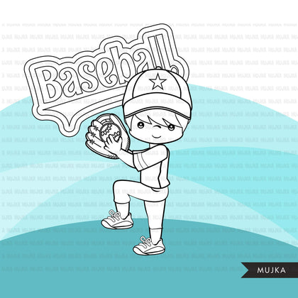 Baseball Digital Stamps, Baseball boy players, Sports Graphics, B&W clip art outline, home run, all star, cap and bat