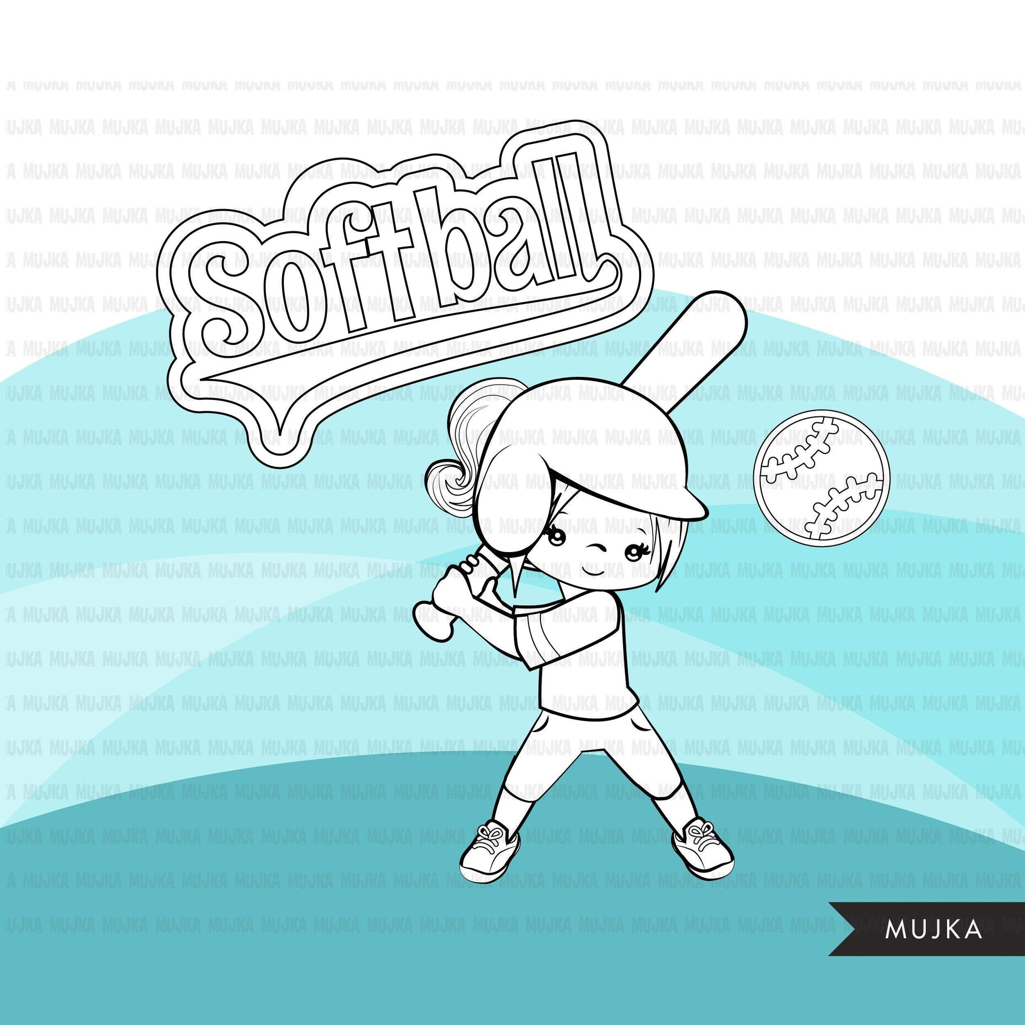 Softball Digital Stamps, Girl players, Sports Graphics, B&W clip art outline, home run, all star, cap, helmet and bat