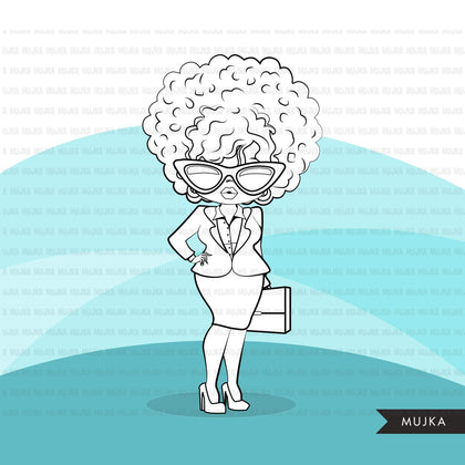 Afro woman digital stamps with business suit, briefcase and glasses black boss babe graphics, outline art