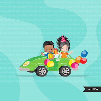 Drive-by Birthday Party parade clipart, boys girls quarantine birthday party, drive through party truck, car, covid graphics, PNG clip art