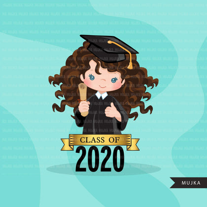 Graduation Clipart, 2020 graduate girls with cape and scroll, school, student class of 2020 gold banner graphics, PNG clip art