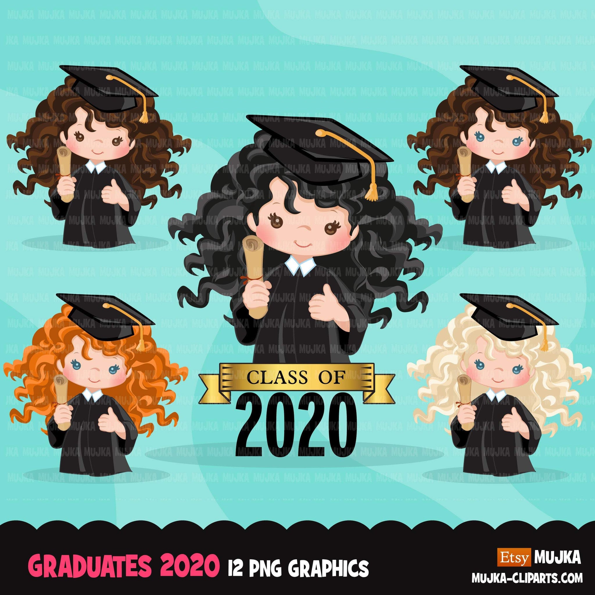 Graduation Clipart, 2020 graduate girls with cape and scroll, school, student class of 2020 gold banner graphics, PNG clip art