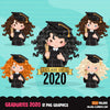 Graduation Clipart, 2020 graduate girls with cape and scroll, school, student class of 2020 gold banner graphics, PNG clip art
