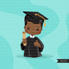 Graduation Clipart, black graduate boys with cape and scroll, school, student class of 2022 gold banner graphics, PNG clip art