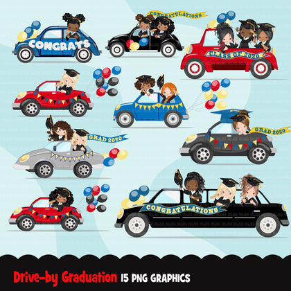 Drive by Graduation parade clipart, girls quarantine grads party, drive through truck, car, limousine, class of 2021 school graphics, PNG clip art