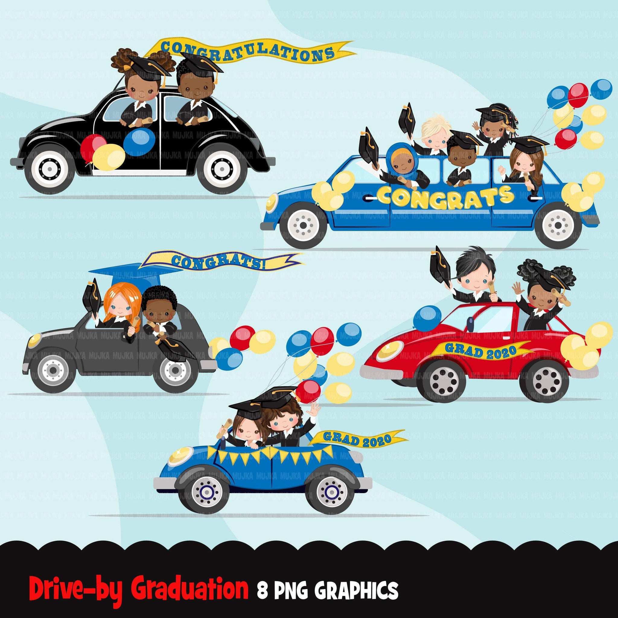 Drive by Graduation parade clipart, boys, girls quarantine grads party, drive through truck, limousine, school, class of 2021 graphics, PNG clip art